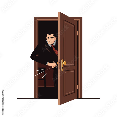 Man in suit entering room through open door with a tense expression  