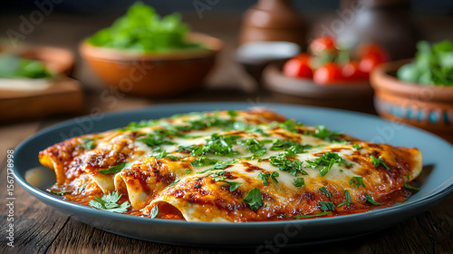 Wallpaper Mural Macro image of melted cheese bubbling on a plate of enchiladas covered with red sauce, blurred rustic dining table Torontodigital.ca