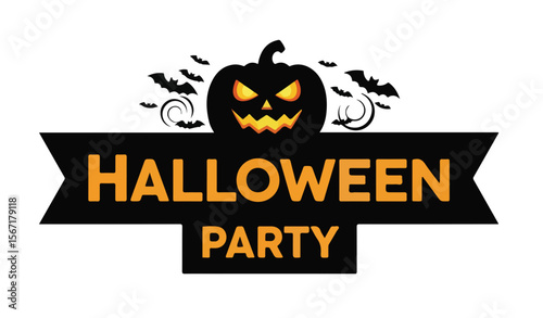 Halloween party banner with pumpkin and bats on black background  