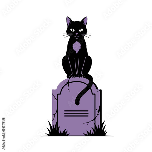 Black cat sitting on a purple tombstone with grass for Halloween  