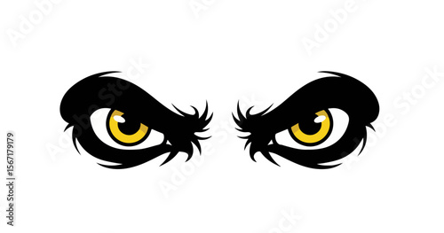 Fierce black eyes with yellow pupils on white background Concept of Halloween  