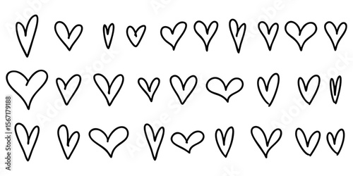 Collection of hand drawn heart doodles in black and white. Cute and playful love icons perfect for romantic cards, social media elements, or creative decoration.