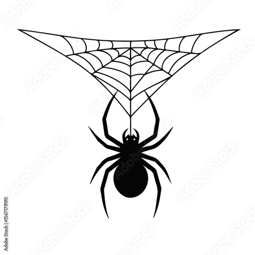 Black spider hanging from web on white background for Halloween  
