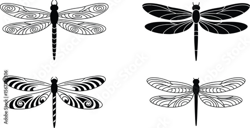 Graceful dragonfly collection featuring ornamental designs, perfect for nature-inspired creations and elegant branding projects that require a touch of ethereal beauty.