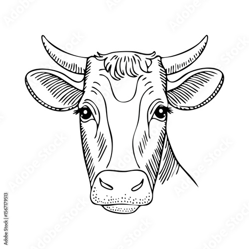 Hand-drawn cow face sketch in vintage engraving style
