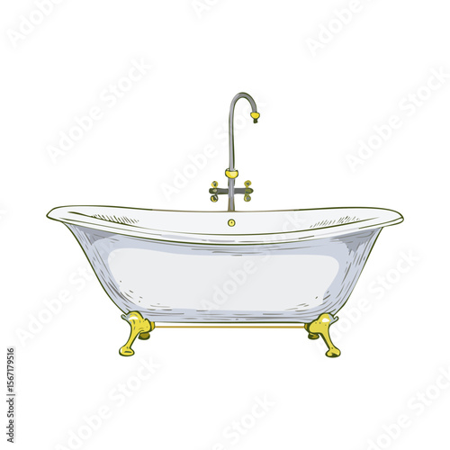 Vintage clawfoot bathtub with faucet cartoon illustration