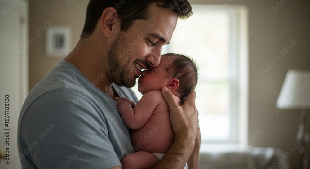 Fototapeta premium A father lovingly cradles his newborn baby, sharing a tender moment