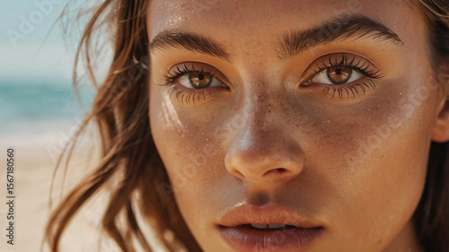 Close up portrait of beautiful young female model in 20s with perfect glowy skin on the beach	