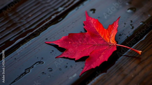 A single red maple leaf lies on a damp wooden surface. Macro shot showing intricate vein patterns, water droplets, and a subtle curvature at the edges. Black background for contrast.