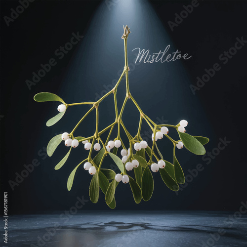 Spotlit Branch of Mistletoe with Green Leaves and White Berries on a Dark Background.