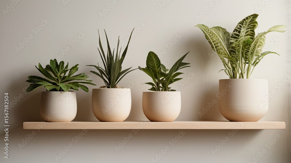 Obraz premium Indoor plant shelf. Wooden shelf with hoseplants in ceramic pots.