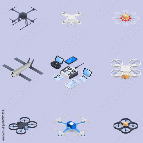 Drone Vector Illustration Set Isometric Designs of Various Drones and Accessories