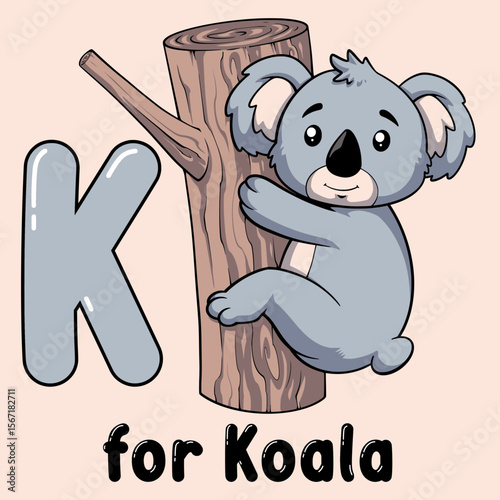 Photography "Koala's Alphabet Adventure: A cute koala climbs a tree trunk next to a large letter 'K', embodying the essence of early childhood education and the alphabet