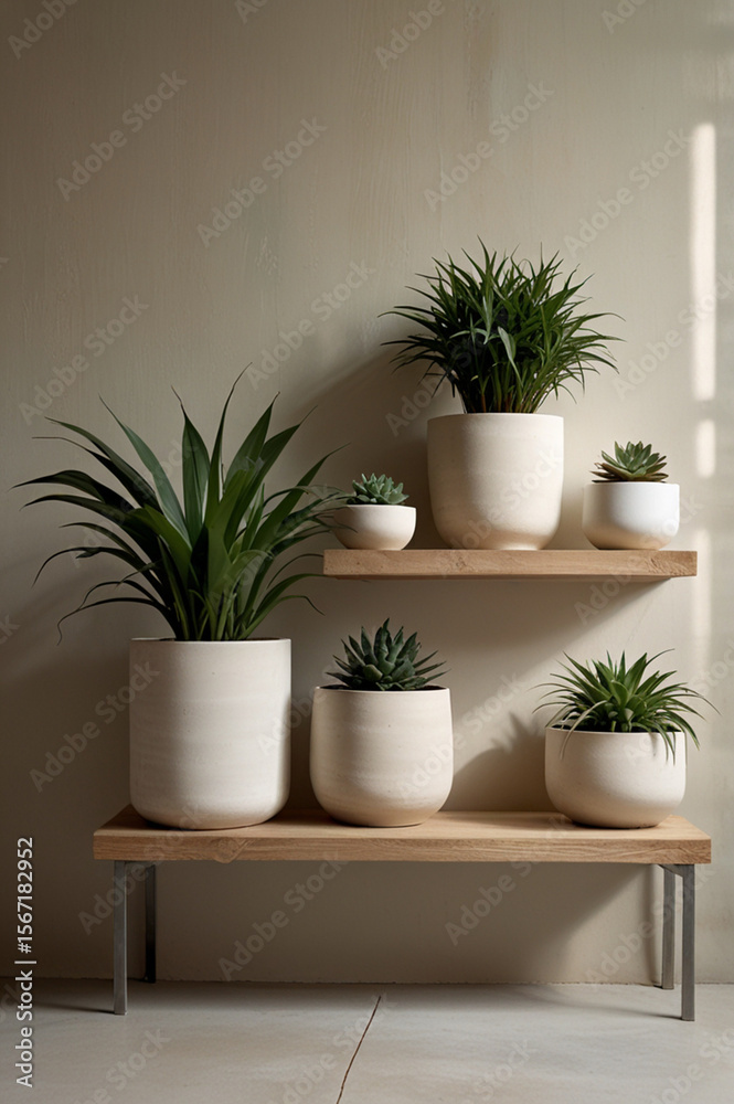Fototapeta premium Indoor plant shelf. Wooden shelf with hoseplants in ceramic pots.