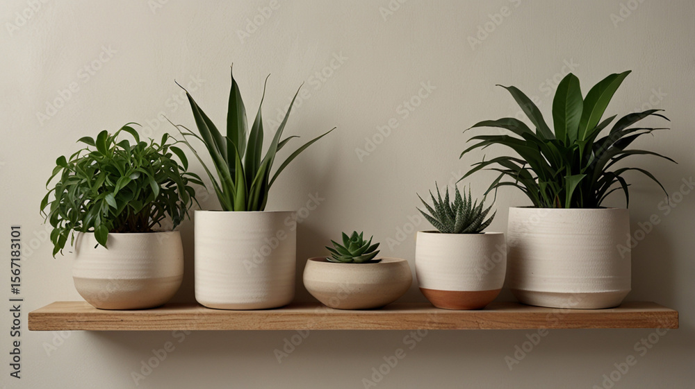 Fototapeta premium Indoor plant shelf. Wooden shelf with hoseplants in ceramic pots.