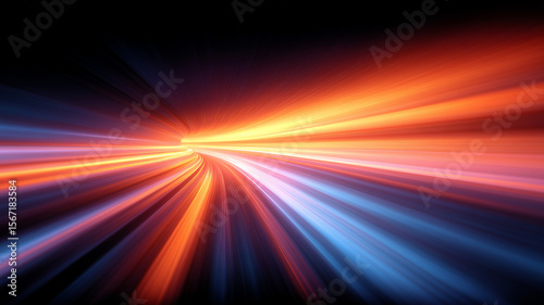 An abstract energy speed burst featuring converging orange and blue light trails that visualise futuristic data flow acceleration and technological breakthrough momentum.
