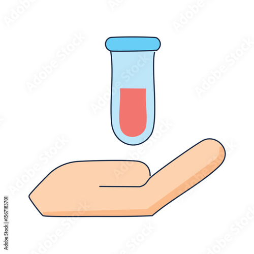 An illustration featuring a hand holding a test tube with a red liquid inside. This image evokes concepts of science and medical research
