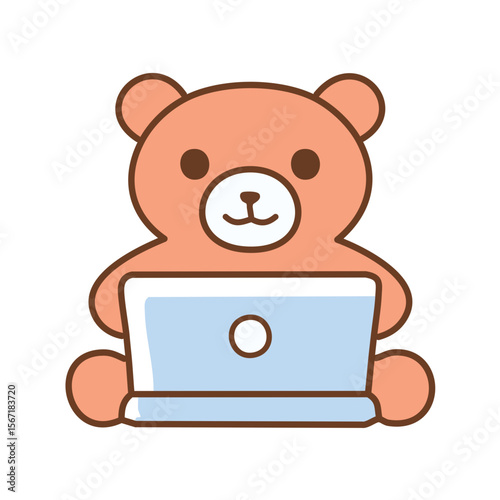 A cute bear is sitting and working on a laptop. The bear looks focused and absorbed in its work