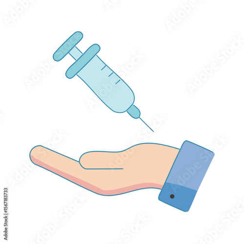 A symbolic illustration of a hand offering a syringe, representing healthcare, vaccination, or medical assistance. The hand is delicately presenting a syringe, symbolizing medical intervention
