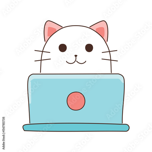 A cute cat is working on a laptop, its face full of concentration
