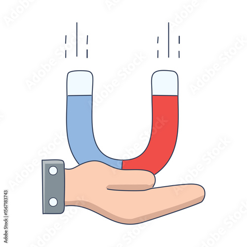 A hand holding a magnet with magnetism lines above it, indicating an attraction force 
