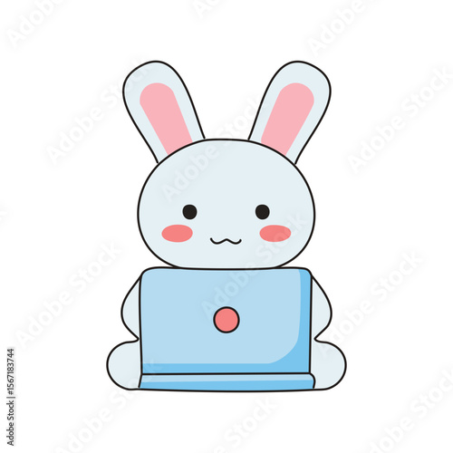A charming cartoon bunny engrossed in its laptop, a scene of modern technology combined with adorable whimsy. The bunny is sitting with the computer on its lap, working in front of a clear background.
