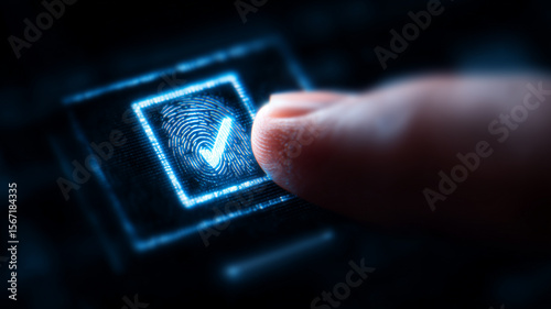 A biometric authorisation concept showcasing a fingertip confirming a glowing fingerprint tick icon on a secure interface, illustrating modern identity trust seamless authentication 