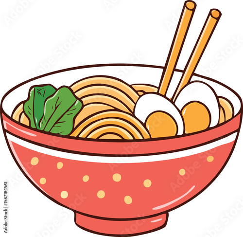 Illustration of a vibrant bowl of ramen with chopsticks and boiled eggs.