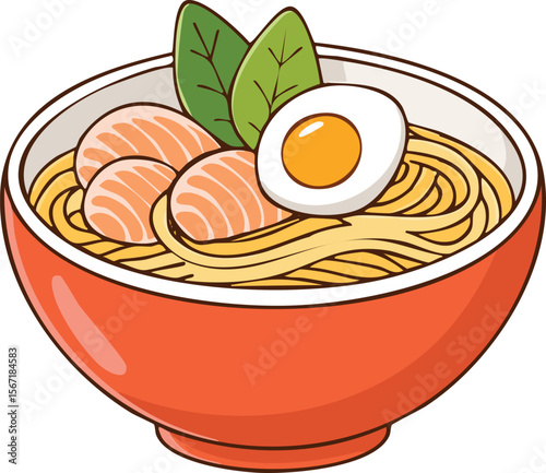 Cartoon illustration of a bowl of ramen with salmon, egg, and green leaves.