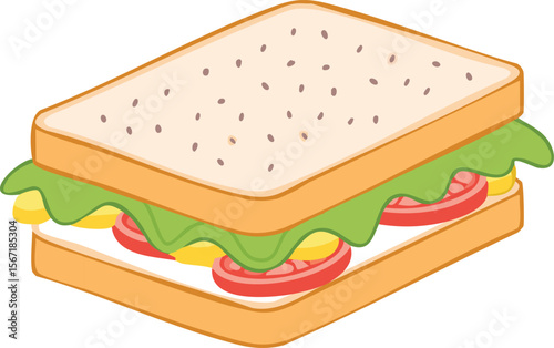 A colorful cartoon illustration of a sandwich with bread, lettuce, tomato, and cheese.