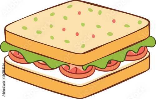 A cartoon illustration of a square sandwich with lettuce and tomato.