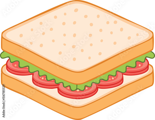 Cartoon illustration of a sandwich with lettuce and tomato slices between two slices of bread.