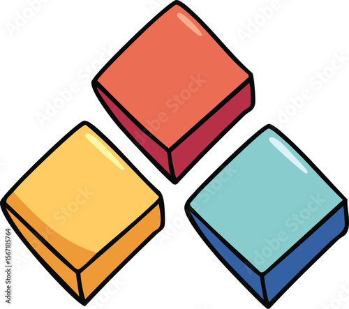 Three colorful, cartoonish diamond-shaped blocks arranged in a triangular pattern.