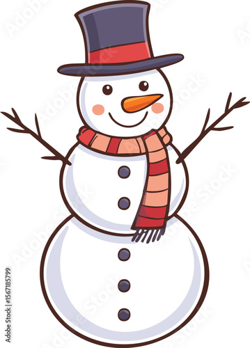 A cheerful snowman wearing a hat and scarf, smiling warmly in winter.
