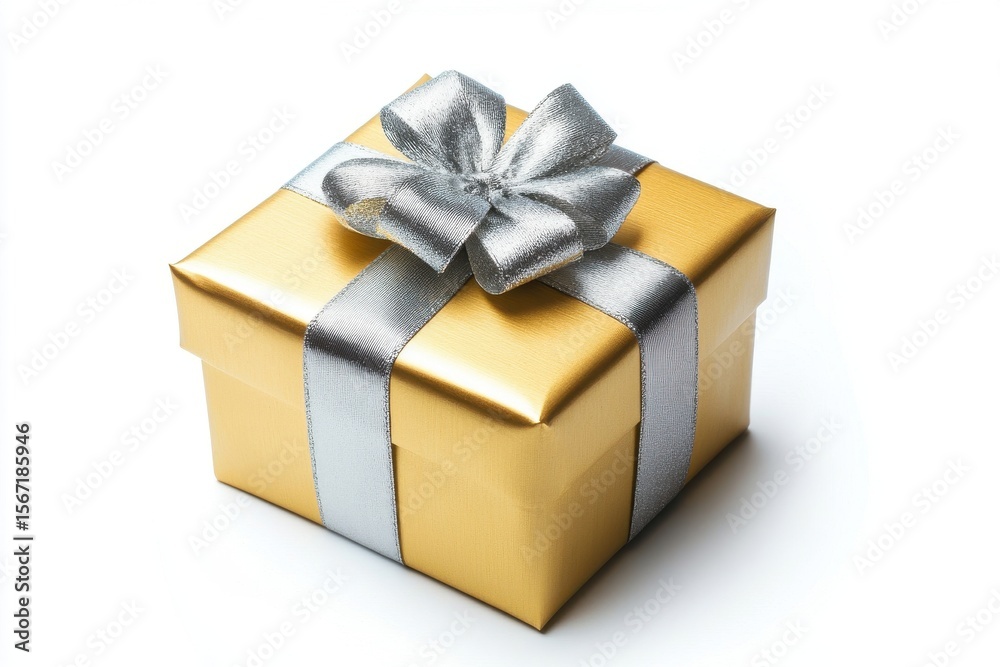 Fototapeta premium Gold gift box with silver ribbon isolated on white background