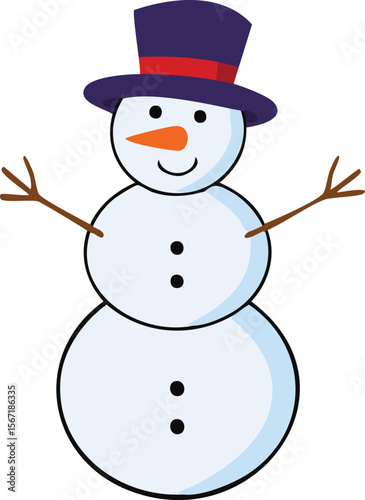 Cartoon illustration of a happy snowman with a top hat, carrot nose, and stick arms.