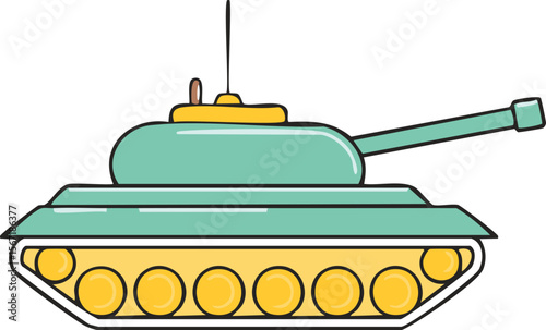 Cartoon illustration of a light teal-colored tank with a yellow cannon and tracks.