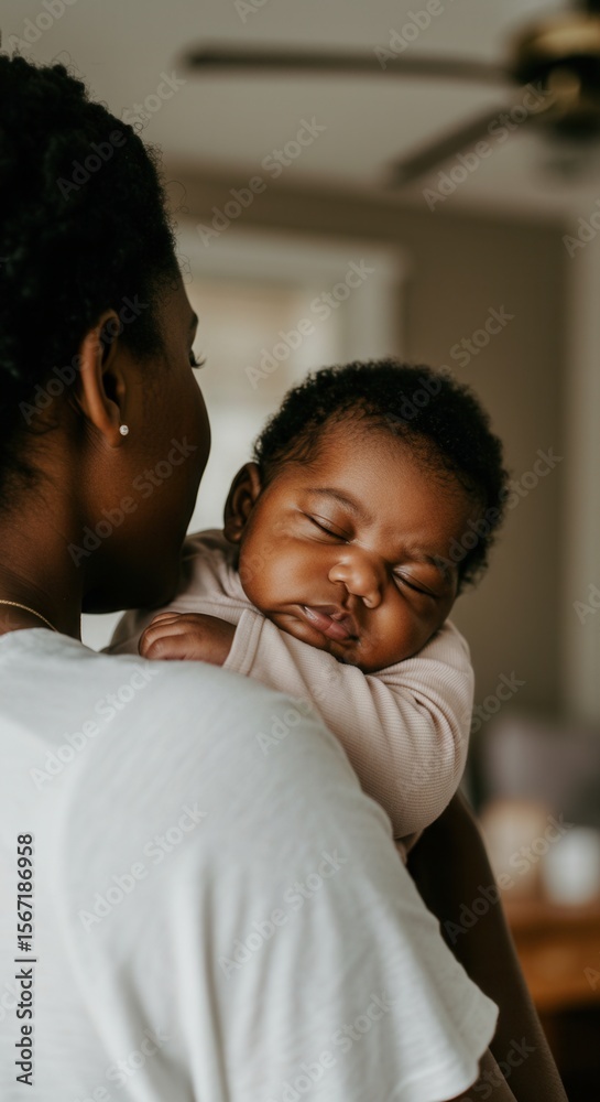 Fototapeta premium An african american mother holds her sleeping newborn baby