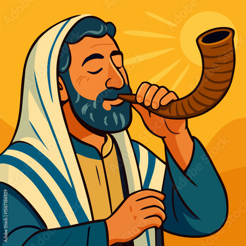 Jewish man blowing shofar to celebrate Rosh Hashanah. Bright vector illustration