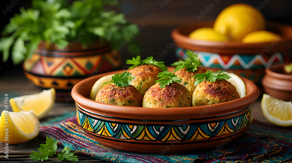 Kibbeh balls in a clay dish with lemon wedges, blurred cozy dining room left Kibbeh balls in a clay dish with lemon wedges, blurred cozy dining room left