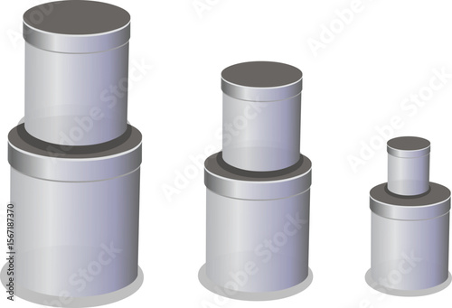 Three different sizes of cylindrical boxes stacked.