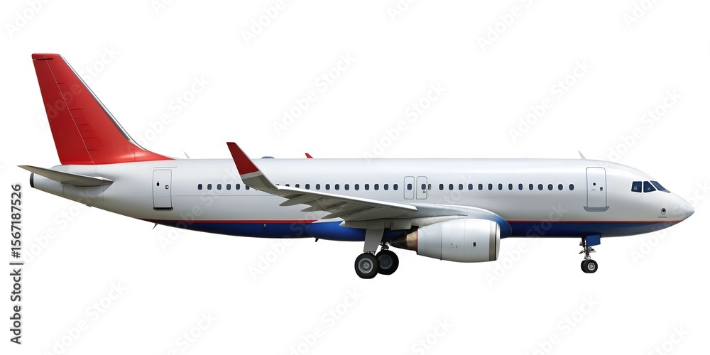 Obraz premium Airplanes side view are captured in moments of takeoff, landing, and flight across the sky, embodying air travel isolated in a white background