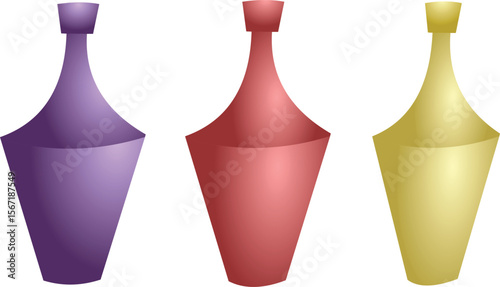 Three decorative bottles in purple, red and gold