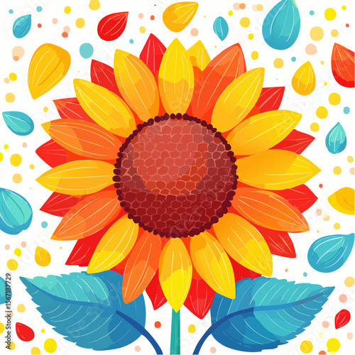Jolie illustration d'une fleur de tournesol sur fond blanc, très coloré