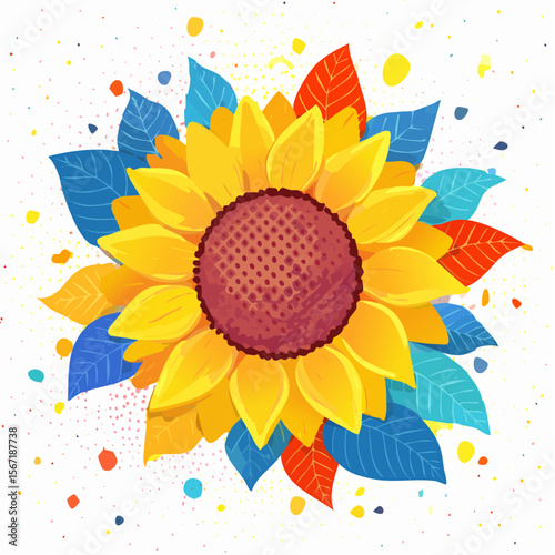 Jolie illustration d'une fleur de tournesol sur fond blanc, très coloré