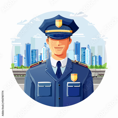 Policier en uniforme,  la ville en arrière plan