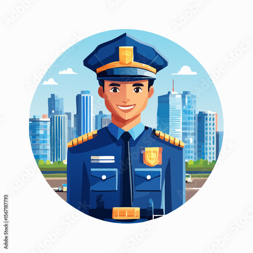 Policier souriant vue de face, la vile en arrière plan