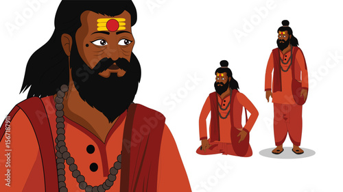 Cartoon depiction of a Hindu Sadhu in various poses