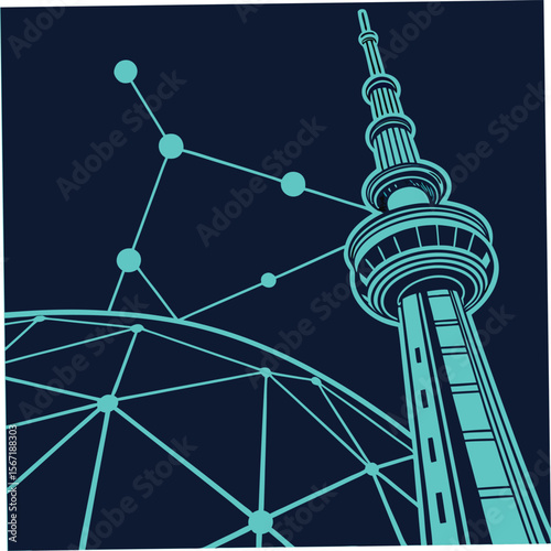 vector wallpaper background with a glowing digital ferris wheel on blue sky background