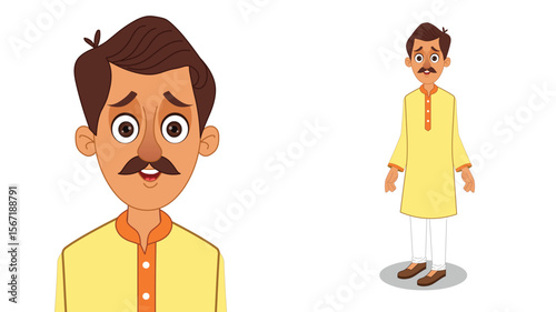 Cartoon Vector Illustration of Indian Village Man in Traditional Attire – Rural Character Standing Pose
